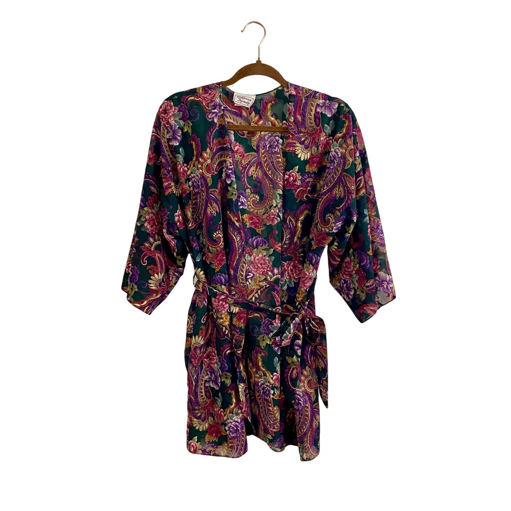 Vintage California Dynasty Robe Large Chiffon Paisley Floral Kimono Jewel Tone